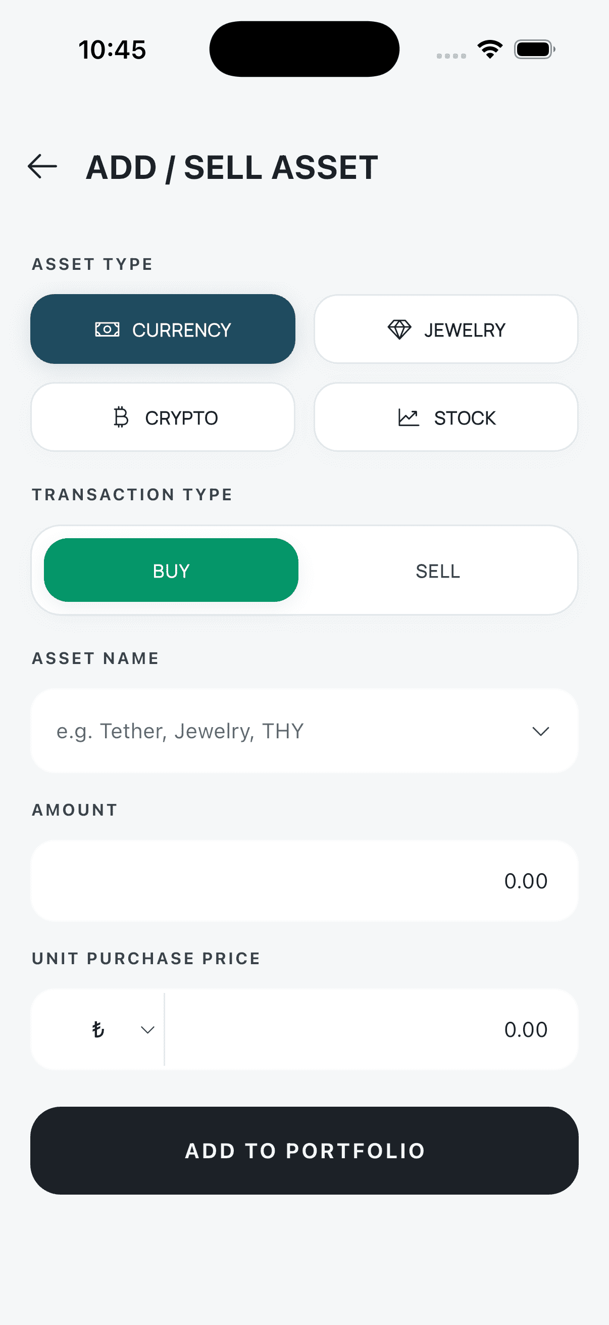 Add Asset screen