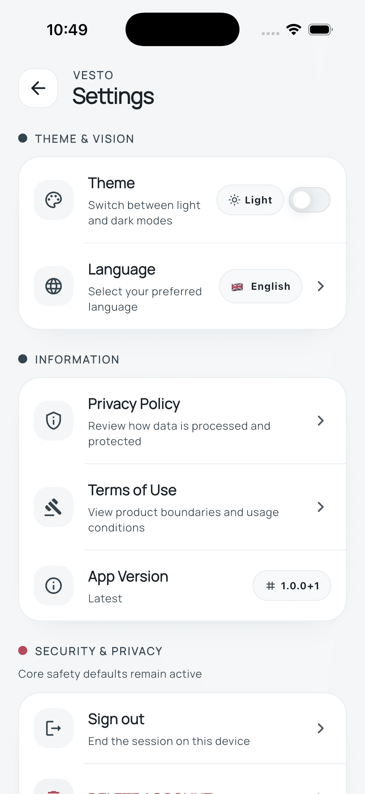 Settings screen